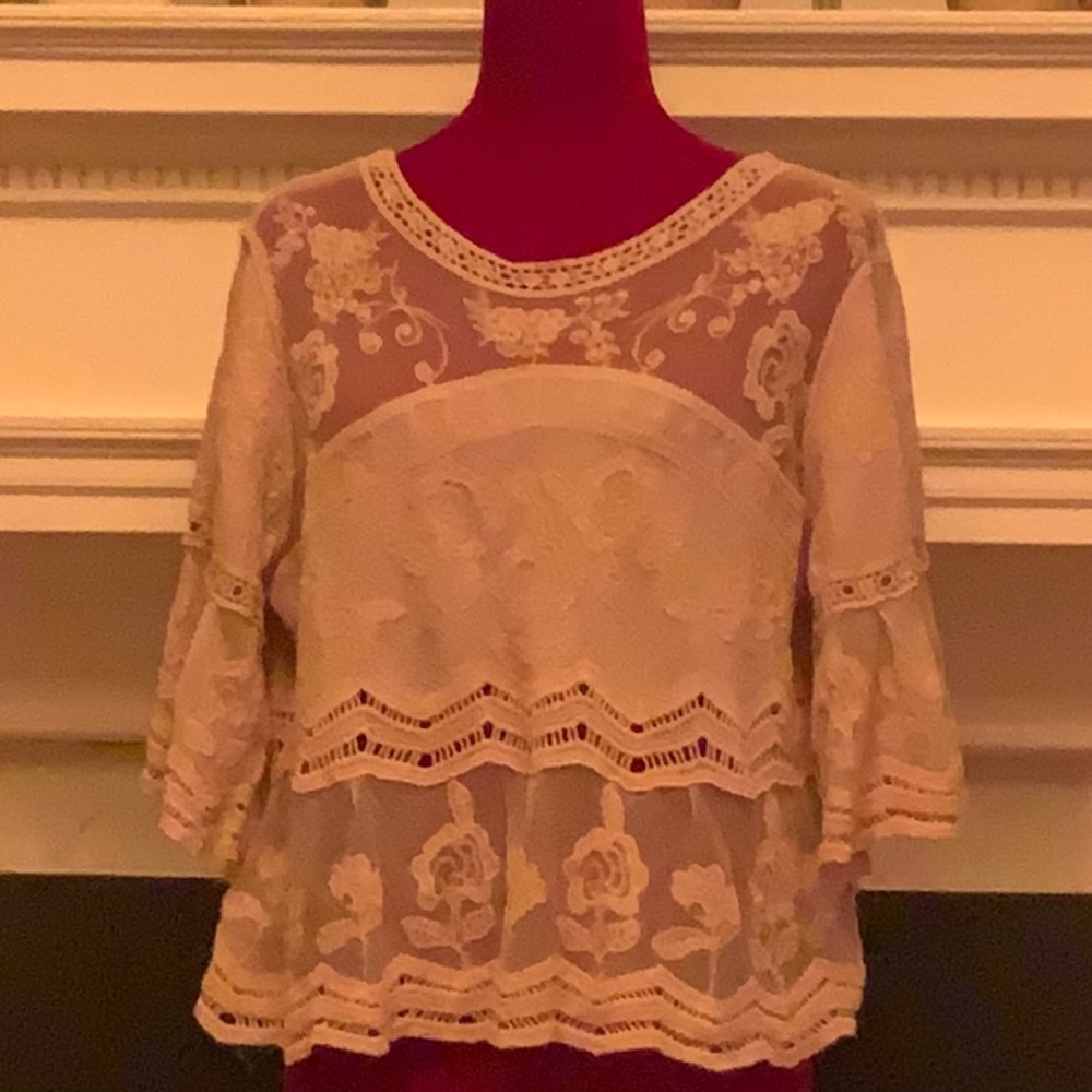 Cropped swing blouse with mesh, lace and embroidery